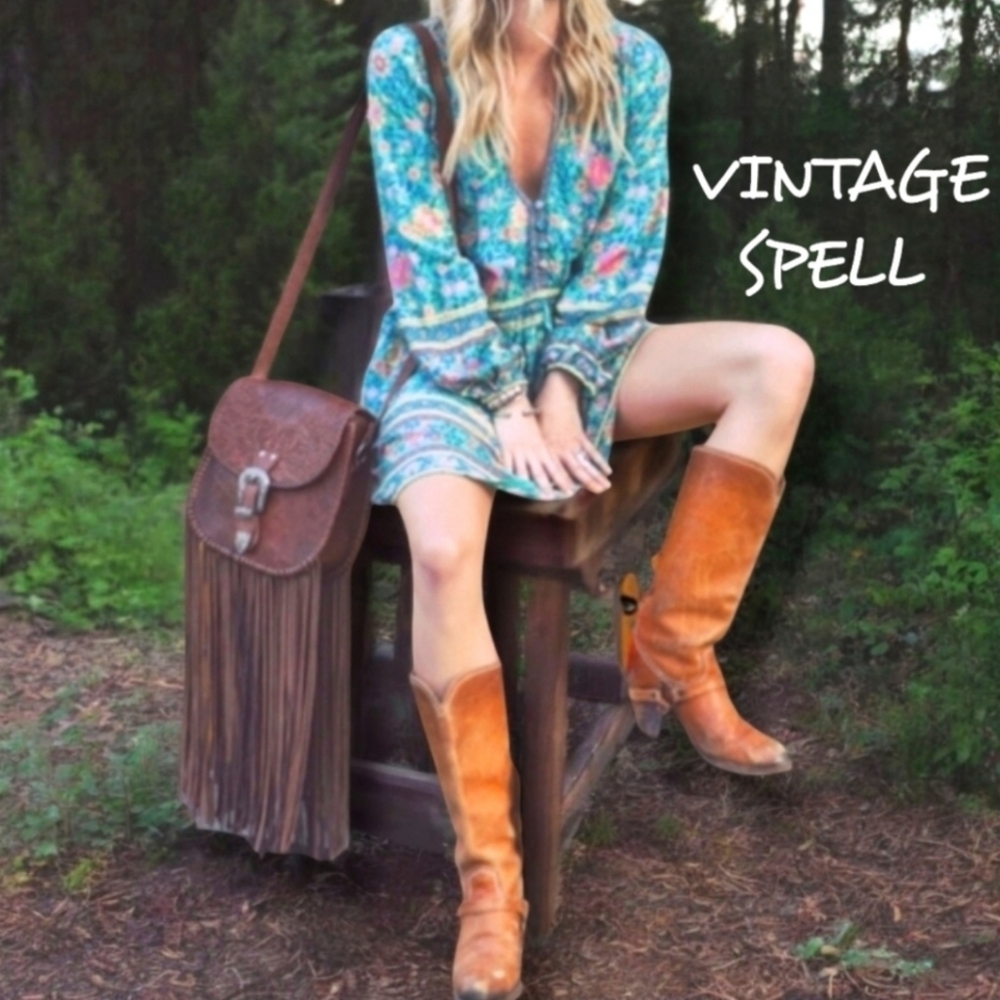 Vintage Spell Designs Folk Town Turquoise Bohemian Lightweight Mini Dress